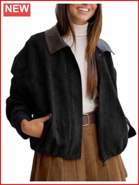 Faux Suede Bomber Jacket Casual Lapel Pilot Cropped Oversized Motorcycle Zip Up